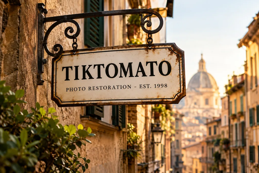 Enamel shop sign reading TIKTOMATO above a European street, generated by GPT Image 2.5