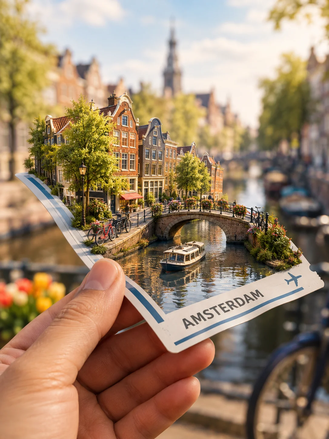 Ruka držící jízdenku s miniaturním amsterdamským kanálem a domy