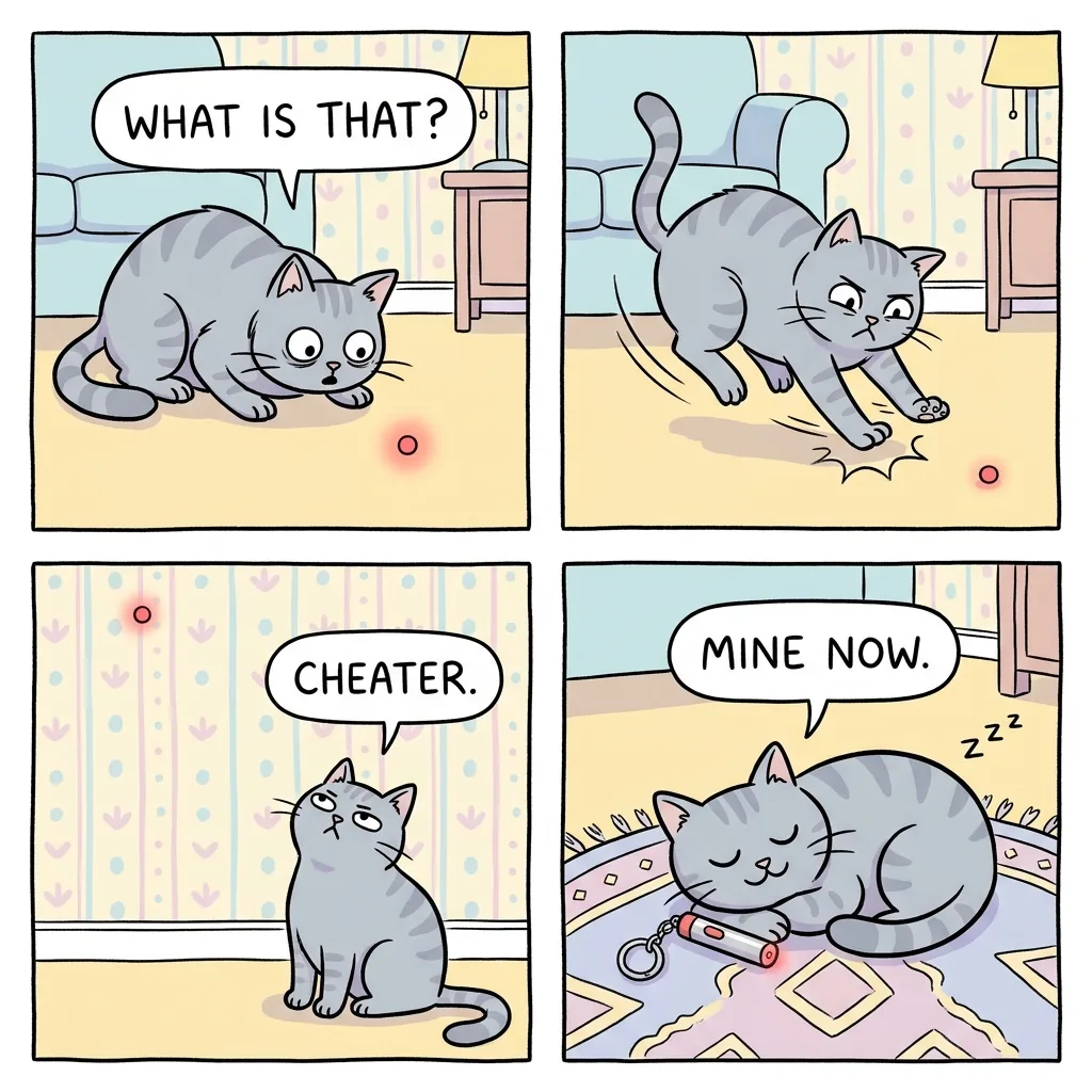 レーザーポインターの光を追う灰色の猫の4コマ漫画、吹き出し付き（Nano Banana 2.1で生成）