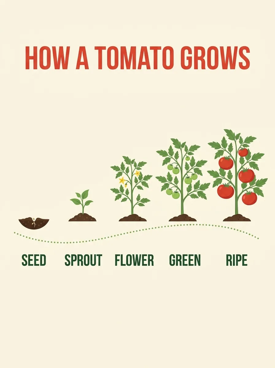 5つの段階にラベルが付いたHow a Tomato Growsというインフォグラフィックのポスター（Nano Banana 2.1で生成）
