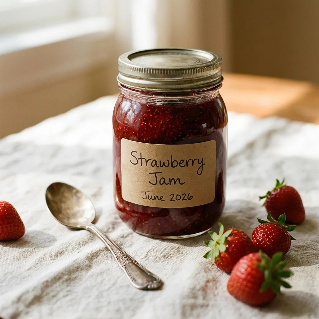 Strawberry Jam June 2026と手書きされたラベルのいちごジャムの瓶（Nano Banana 2.1で生成）