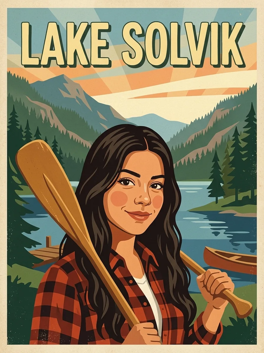 参考画像の女性が登場するLake Solvikというレトロな旅行ポスター（Nano Banana 2.1で生成）