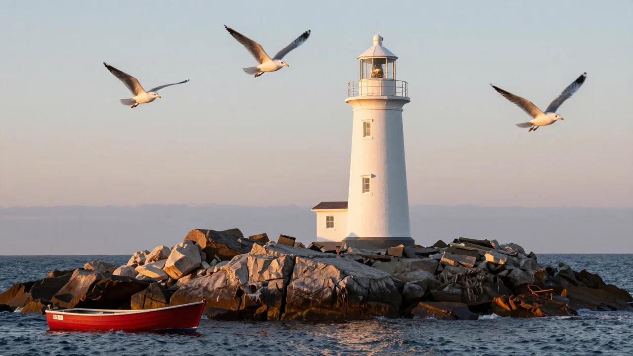 Phare blanc à l'aube avec trois mouettes et une barque rouge, généré avec Z-Image Turbo