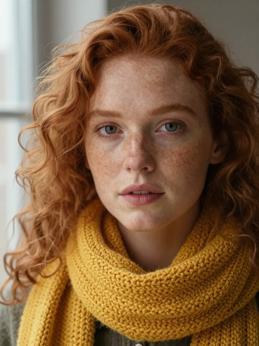 Portrait photoréaliste d'une femme rousse aux cheveux bouclés, avec des taches de rousseur et une écharpe jaune, généré avec Z-Image Turbo