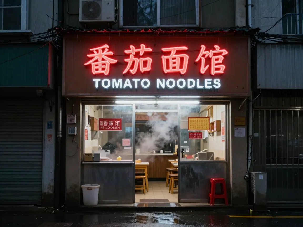 Enseigne au néon d'un restaurant de nouilles avec du texte chinois et anglais dans une rue sous la pluie, générée avec Z-Image Turbo